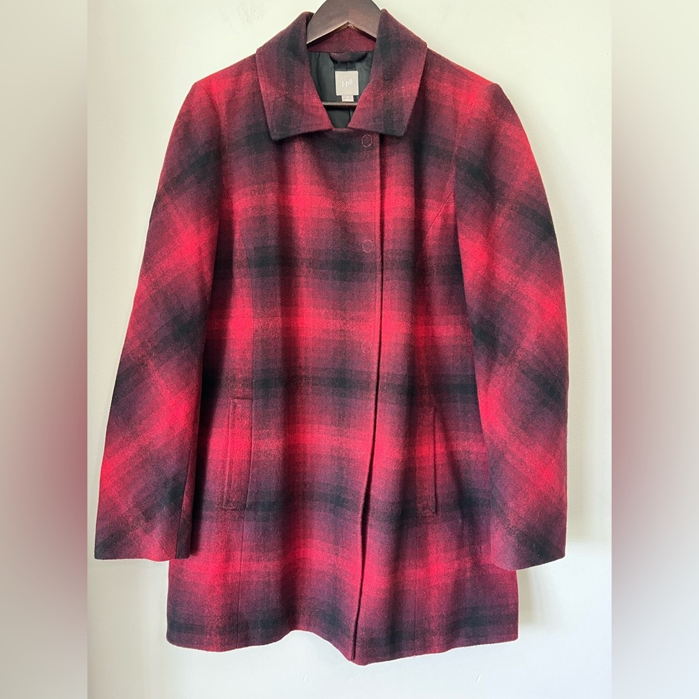 J. Jill Red and Black Plaid Pea Coat